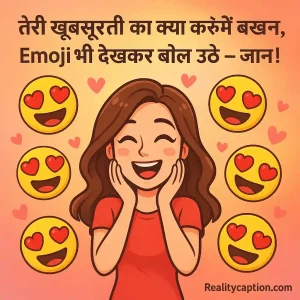 Funny emoji background with khubsurti ki tareef shayari in Hindi.