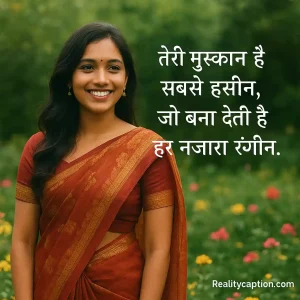 Smiling girl garden background with khubsurti shayari in Hindi.