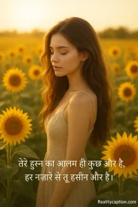 Sunflower field girl background with khubsurti tareef shayari.