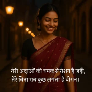 Evening street girl background with khubsurti ki tareef shayari in Hindi.